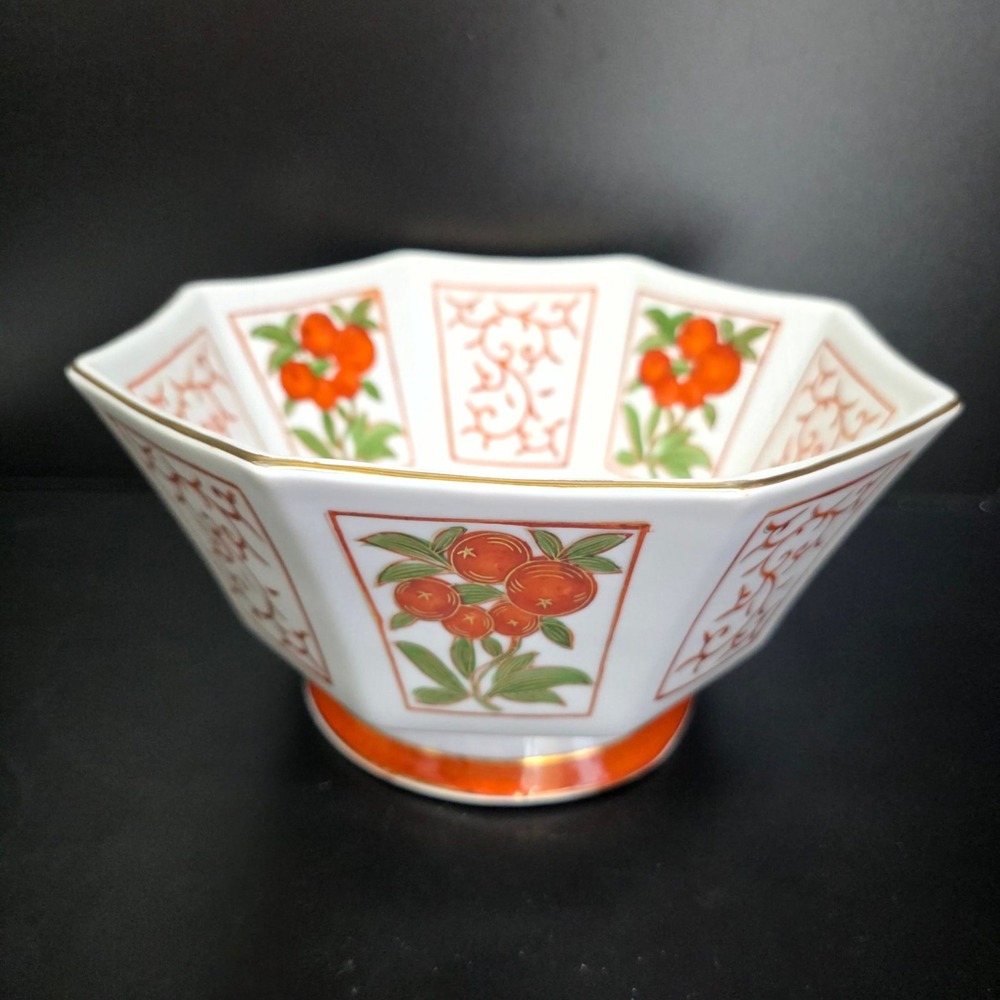 Octagonal Porcelain Bowl Orange Fruit Persimmon White Gold Trim Asian Decor 8.5"